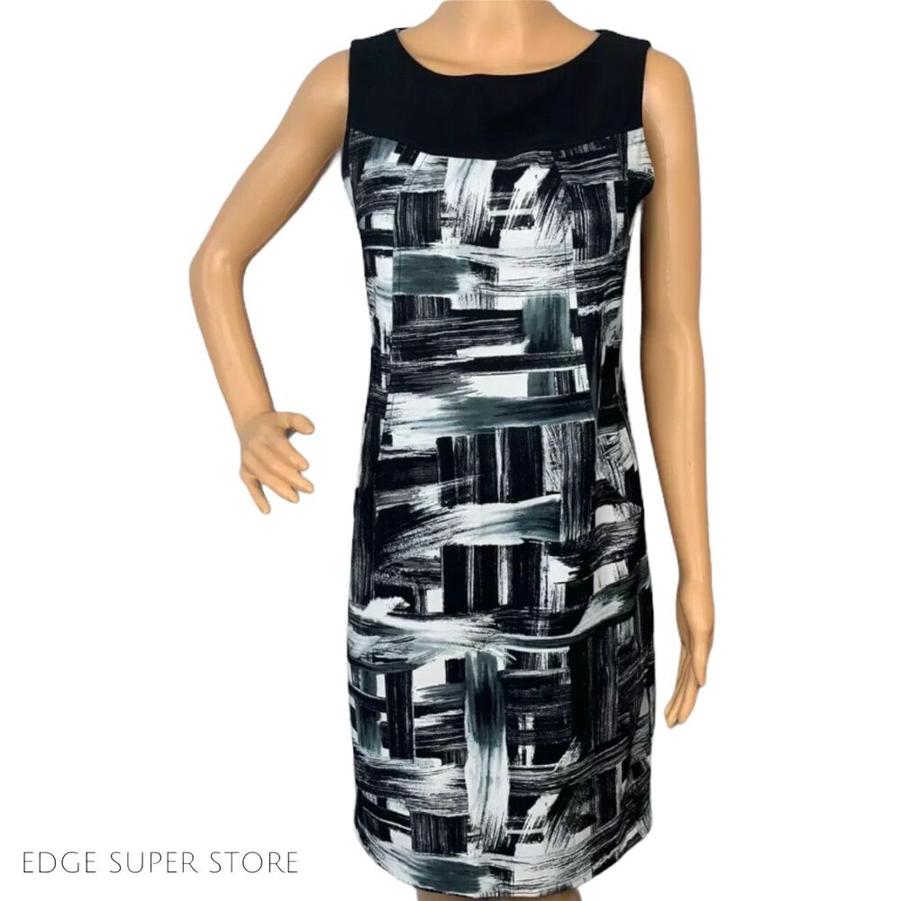 AB Studio Black White Abstract Office Sheath Work Evening Career Dress Size 4